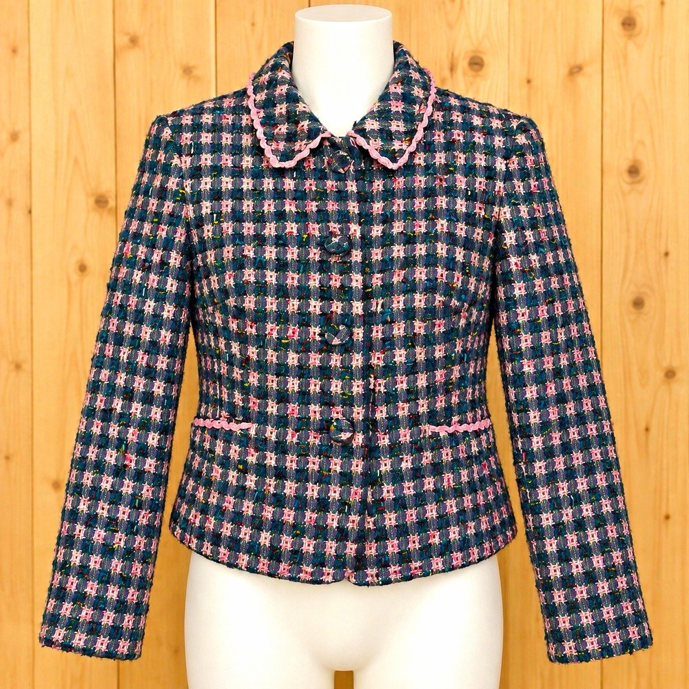 Polly Watson Women Blue Pink Plaid Lined Short Jacket Button Front Pockets[A1]